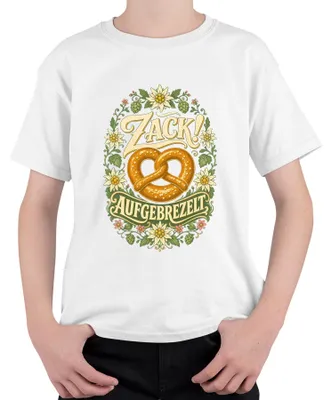 Produktbild von Zack! Aufgebrezelt Brezel Edelweiß Tracht Bayern Lederhose Dirndl Kinder T-Shirt, Weiß, 128