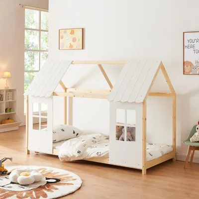 Image de Lit pour enfant, lit de maison, 90x200 cm, en bois massif, couleur blanche, en pin, avec des fenêtres décoratives et un sommier à lattes
