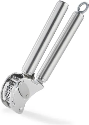 A stainless steel garlic press is shown against a white background.
