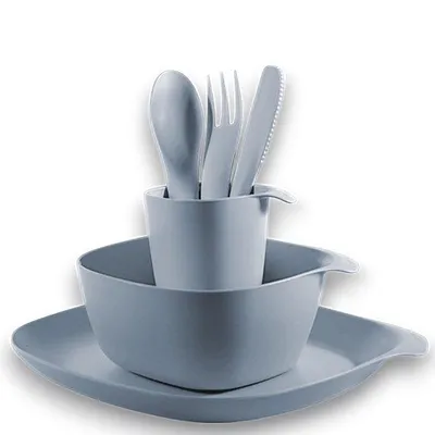 Produktbild von Ibenzoa® Camping-Geschirr-Set für 1 Person – bruchsicherer Kunststoff, Teller, Schale, Becher + Besteck, BPA‑frei, spülmaschinenfest