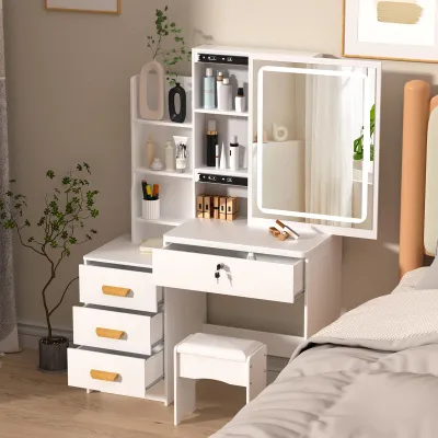 Produktbild von Schminktisch mit LED-beleuchtetem Spiegel, Schminktisch mit 4 Schubladen und aufklappbaren Regalen, Schlafzimmer-Schminktisch mit Hocker