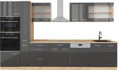 Immagine prodotto di Cucina componibile Vicco R-Line Antracite lucido/oro power oak 350 cm con armadio alto, senza piano di lavoro, Model 37662