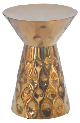 Beistelltisch Aluminium Gold Rund im Sanduhr-Design mit glänzender, reliefierter Oberfläche in Goldfarbe, Gesamtansicht.