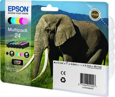 Produktbild von Epson Elephant Multipack 6 Farben 24 Claria Photo HD Ink, Schwarz, Cyan, Helle Cyan, Helle Magenta, Magenta, Gelb, 1 Stück(e), Multipack
