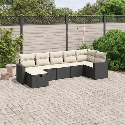 Produktbild von Design 7-tlg. Garten-Sofagarnitur mit Kissen Schwarz Poly Rattan, Gartenmöbel-Sets 2024 Neu