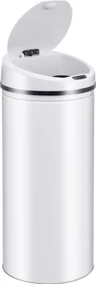 A white sensor trash can with its lid open.