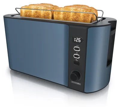 Produktbild von Arendo - Edelstahl Toaster Langschlitz 4 Scheiben - Defrost Funktion - wärmeisolierendes Gehäuse - mit integrierten Brötchenaufsatz - Krümelschublade - Display mit Restzeitanzeige - Admiral Blau