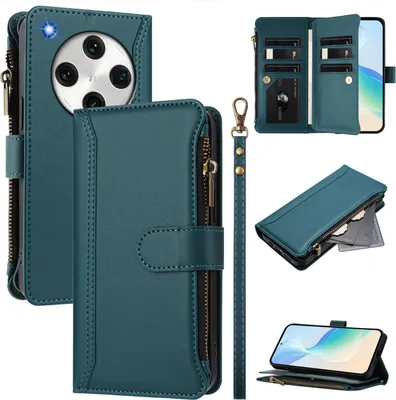 Image de Etui pour Oppo Find X8 Pro, étui zippé en cuirPolyuréthaneavec pochettes pour cartes, support et dragonne, vert