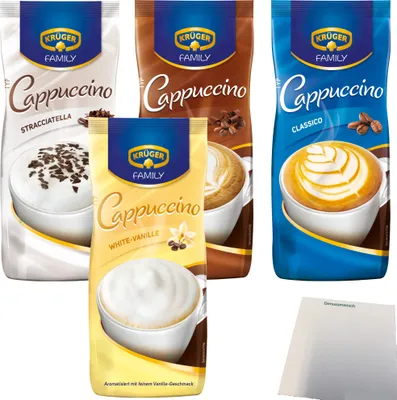 Produktbild von Krüger Family Testpaket Cappuccino Stracciatella Schoko White Classico 4 Sorten 4er Pack (4x500g Beutel) + usy Block