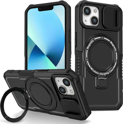 Produktbild von Handyhülle für iPhone 13 Kompatibel mit MagSafe, Robuste Hülle mit Schiebe Kamera Schutz, Magnetischer Ringständer Schwarz