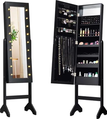 Produktbild von GOPLUS Schmuckschrank mit LED-Beleuchtung, Schmuckregal mit Ganzk?rperspiegel & Eingebautem Spiegel, Frei Stehender Spiegelschrank (Schwarz)