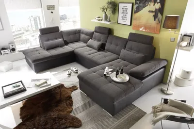Produktbild von Couch "Jakarta" Wohnlandschaft Sofa Lederlook Schlaffunktion Schlafsofa dunkelgrau grau Ottomane links 324 cm