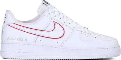 A white Nike Air Force 1 Low sneaker with red accents and the text "Just do it." printed on the side.