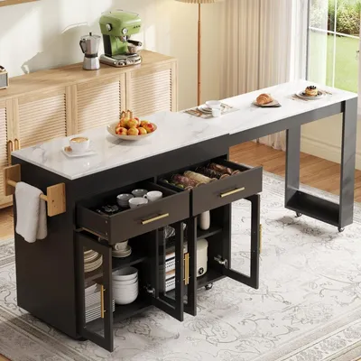 Produktbild von Mobile Kücheninsel mit ausziehbarem Bartisch, Küchenwagen mit Rollen & Glastüren, Schwarz, 132,5-217x50x93 cm