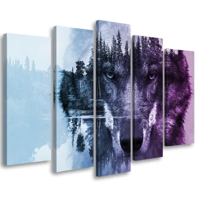 Obrázek produktu pro 5dílné nástěnné plátno vlčí les fialový 150x100 cm Feeby fialová nástěnná malba připravená k zavěšení