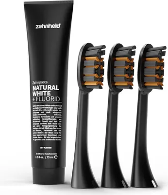 Produktbild von Zahnheld Zahnpasta Natural White mit Bürstenkopf Pro X-Clean im Vorteilspack in schwarz - Wechselköpfe, Zahncreme mit Fluorid und Aktivkohle