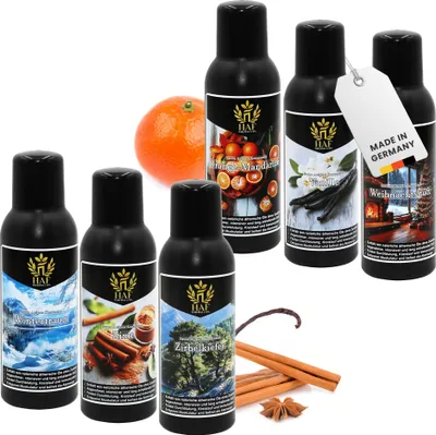 Produktbild von HAF Saunaaufguss Set „Weihnachtszauber“ - 6 x 100ml Sauna Aufgussmittel Orange Mandarine, Vanille, Weihnachtsduft, Wintertraum, Zimt, Kiefer