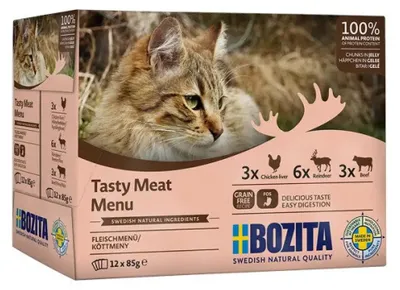 Zdjęcie produktu dla Bozita 9116321, Dorosły, Każda rasa, Wołowina, Jeleń, Wątróbka z kurczaka, 85 g, Nie zawiera ziarna