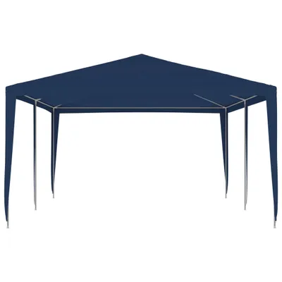 A dark blue party tent with a gray metal frame, shown from the front against a white background.