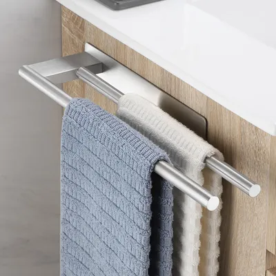 Image de Porte-serviettes sans perçage, couleur argent, à double face adhésive, à deux bras, en acier inoxydable 304, pour salle de bains