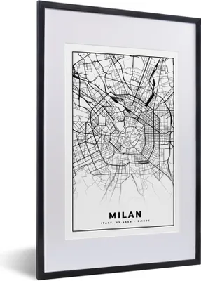Produktbild von MuchoWow® Gerahmtes Poster Mailand - Stadtplan - Schwarz und weiß - Karte 40x60 cm - Poster mit Schwarzem Bilderrahmen Wandposter Rahmen Foto Bilder - Poster in Rahmen