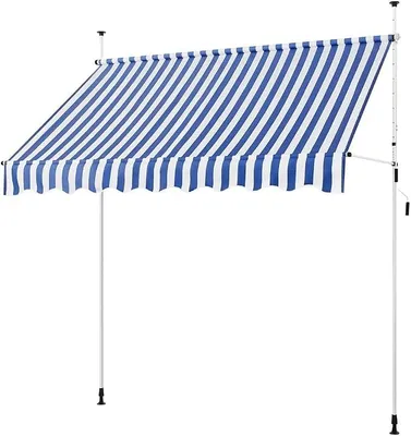 Productafbeelding van Markies met klembevestiging, 250 cm breed, balkonmarkies met handkurbel, geen boren nodig, UV-bestendig en in hoogte verstelbaar (210-300 cm). Waterafstotende en zonwerende markies voor balkon, blauw-wit