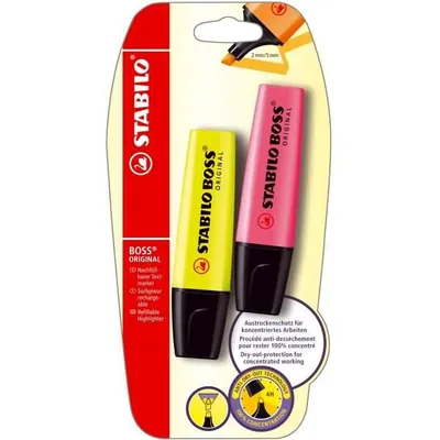 Zdjęcie produktu dla STABILO Boss Original, 2 szt., Żółty, Końcówka ścięta, Wielobarwny, Prostokąt, 2 mm