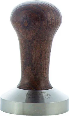 A coffee tamper with a wooden handle and a stainless steel base.