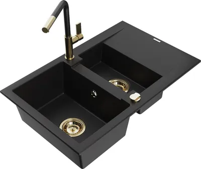 Produktbild von Mexen Gaspar 1,5-Becken-Granitspüle mit Abtropffläche und Mischbatterie Flora, Schwarz - 6507-77-670401-57-G