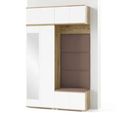 A white and wood-grain entryway storage unit with a mirror, bench, and cabinets.