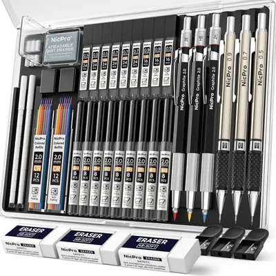 Obrázok produktu pre Sada mechanických ceruziek, 35 kusov, s hrúbkami hrotu 0,5/0,7/0,9/2,0 mm, vrátane náhradných grafitových výplní a gumy