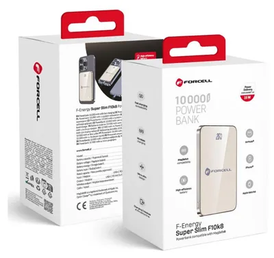Two boxes of a Forcell power bank are shown, one in front of the other, with the front box angled to show its features.