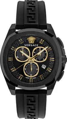 A studio shot of a black Versace Chronograph watch with gold accents.