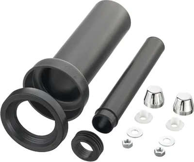 A plumbing connection kit with various parts laid out on a white background.