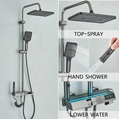 Immagine prodotto di Sistema doccia per vasca da bagno - Miscelatore monocomando da parete - Display digitale della temperatura - Doccia a pioggia e soffione manuale - Acqua calda e fredda - Colore: nero e grigio