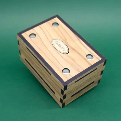 Holz-Puzzlebox mit mehreren Schiebemechanismen und Gravuren, die als „Pandora Box“ bezeichnet wird.