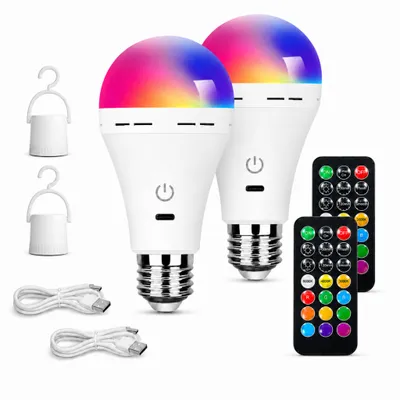 Produktbild von 2er set E27 LED Campinglampe RGB, 2600 mAh Akku, USB-C wiederaufladbar, dimmbare Zeltlampe mit Fernbedienung, Timer, 3 Farbtemperaturen, mit Haken