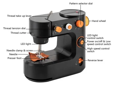 Image de Mini-machine à coudre FHSM-398 - Électrique et portable - 5 types de points, double fil - Éclairage LED, pédale - Prise UE - Noir