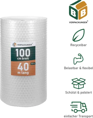 Zdjęcie produktu dla 1 x folia bąbelkowa (1,0 x 40 m) 2-warstwowa 100 my Duże bąbelki Folia wysyłkowa Opakowanie amortyzujące Folia pop Transport Opakowanie BB