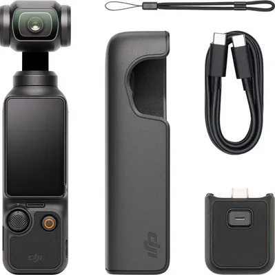 A flat lay of a DJI Osmo Pocket 3 gimbal camera and its accessories on a white background.