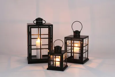 Image de 2x Lanterne set de 3, en métal noir, comme décoration pour l'intérieur ou comme porte-bougie pour photophores, lampes de jardin modernes, lampes pour l'extérieur