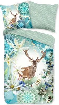 Produktbild von Traumschloss Satin Bettwäsche - Xela - Mandalas mit Hirsch, grün, blau 155 x 220 cm Hirsch umgeben von Pflanzen und Mandalas, blau, grün