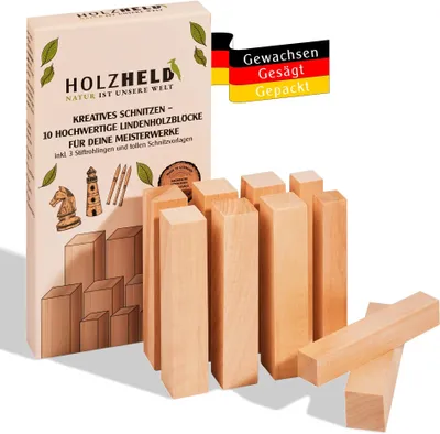 Produktbild von Lindenholz zum Schnitzen – 10-teiliges Set aus Lindenholz – inkl. 7 Schnitzfiguren Rohling für Kinder – Schnitzholz für Anfänger