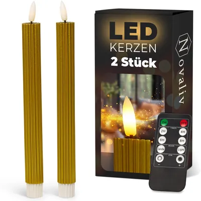Produktbild von Stabkerzen LED mit Timer GOLD 2er indoor mit Timer Funktion 6 Stunden ECHTWACHS gerippt 23cm Höhe für Kerzen 2,2cm Durchmesser 2 AAA Batterien notwendig LED Stabkerzen flackernde Flamme bewegliche