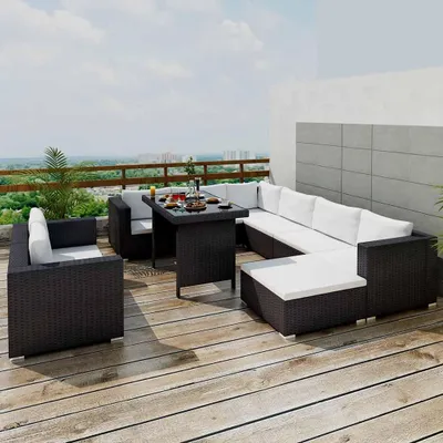 Immagine prodotto di vidaXL Set da giardino da 10 pezzi con cuscini in polirattan nero
