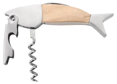 Produktbild von kwmobile Weinöffner im Fisch Design - Holz & Edelstahl Kellnermesser - Flaschenöffner mit Korkenzieher - Sommeliermesser in Fischform - Silber