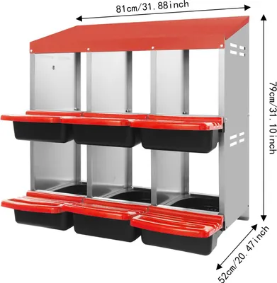 Produktbild von Legebox Hühner - 6er Legenest Box - Freistehend oder wandmontiert - Wasserdicht - Verzinkter Stahl und Kunststoff - 81x52x79 cm - Rot