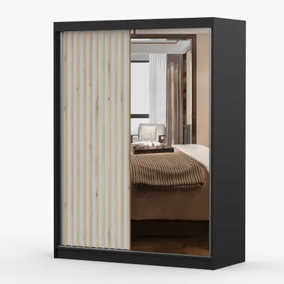 Image de Armoire à portes coulissantes Armoire 150 cm noir/blanc avec miroir et lamelles LAMI B