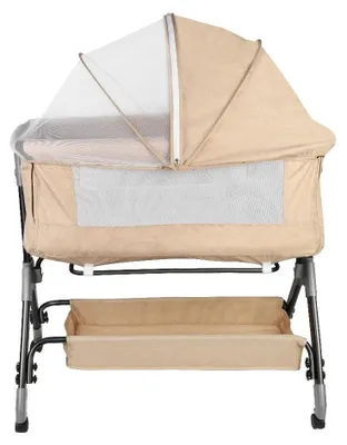 Produktbild von 3-in-1 Babybett - Beistellbett & Gitterbett - Höhenverstellbar - Absenkbare Seite - 360° Rollen - Moskitonetz - Aufbewahrungskorb - Beige