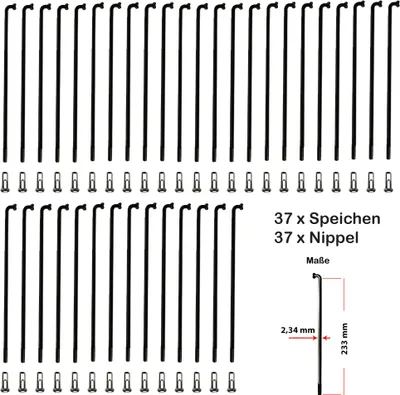 Produktbild von 37 Stück Fahrrad Speichen 233mm lang Ø 2,34 mm mit Nippel Edelstahl schwarz black